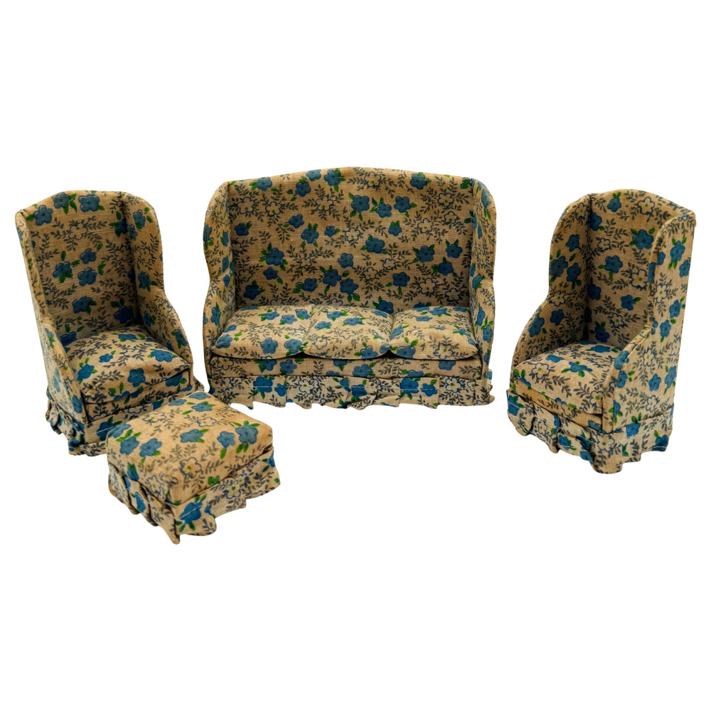 Dollhouse Miniature Furniture Living Room Set WingBack Sofa Chairs Ottoman 1:12